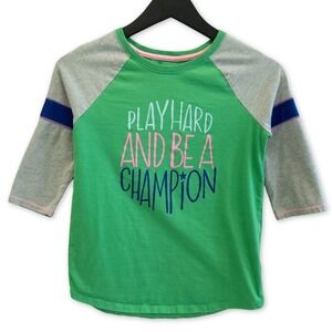 Cat & Jack Graphic Tee Girls L Green Gray Raglan Sporty Shirt‎ Colorful Top